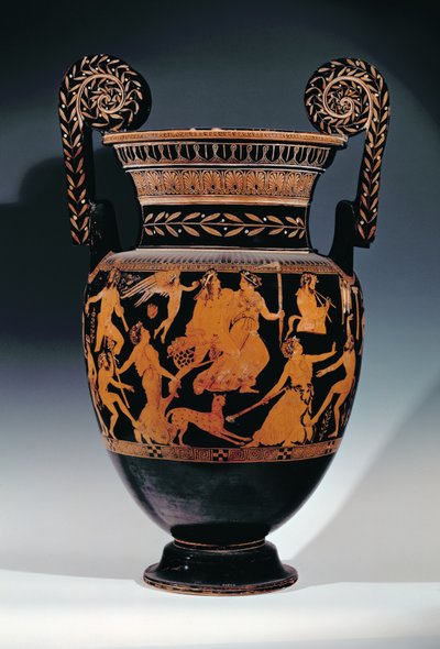 Voluta-crátera de figuras rojas áticas, decorada con una escena de actores y músicos preparándose para una actuación, griega, de Ruvo, siglo V a.C. de Pronomos Painter