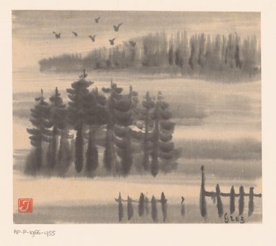 Aves sobre el paisaje forestal de Prosper Alphonse Isaac