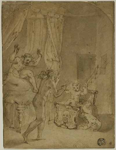 El infante Hércules estrangulando serpientes en su cuna; Mujer coronada arrodillada en el paisaje y otros bocetos (verso) de Prospero Fontana