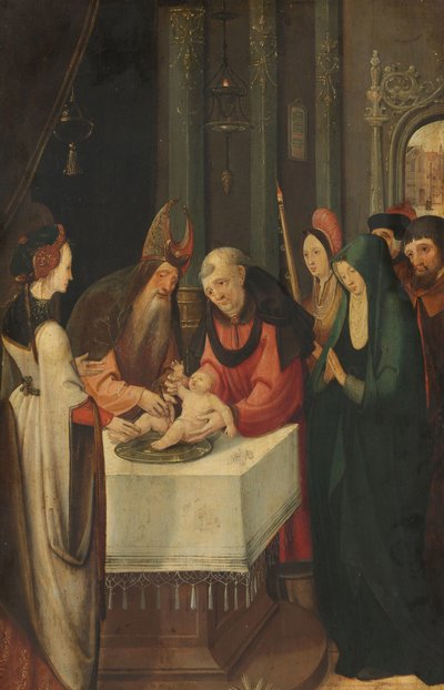 Circuncisión de Cristo, ala izquierda de un retablo, en el reverso está la Virgen de una escena de Anunciación de Pseudo Jan Wellens de Cock (attributed to)