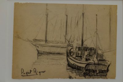 Barcos, Narcís Puget Riquer, dibujo al carboncillo, museo Puget, casa noble de Can LLaudis, Dalt Vila, Ibiza, Islas Baleares, España de Puget Riquer