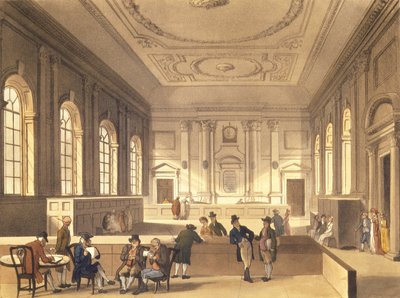 Sala de dividendos en South Sea House, pub. por R. Ackermann, 1810 de Pugin and Rowlandson