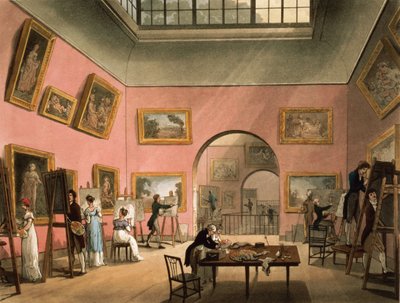Estudiantes aprendiendo a pintar y haciendo copias de cuadros en la Institución Británica, Pall Mall, de 