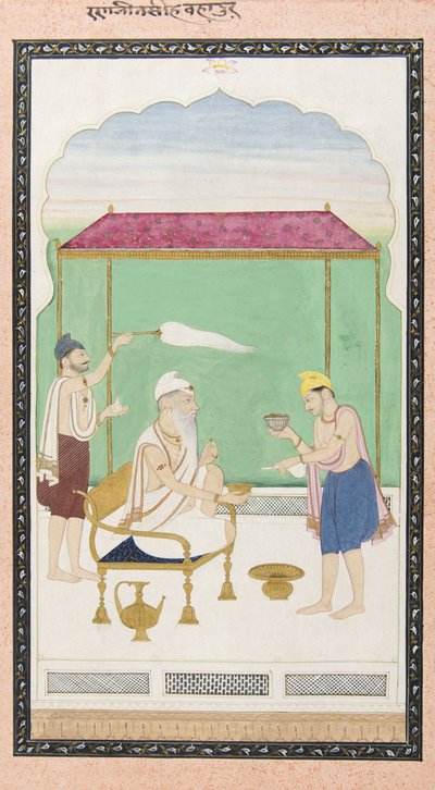 Ranjit Singh sentado en una silla de oro, atendido por un portador de morchal de Punjabi School