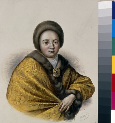 Retrato de la zarina Natalia Naryshkina (Narychkina) (1651-1694), esposa del zar Alexis I de Rusia (1629-1676). Obra de Piotr Fiodorovich Borel (1829-1898), litografía, hacia 1860. Arte ruso de Pyotr Fyodorovich Borel
