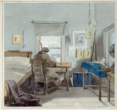 En el trabajo. En la casa de Pavel Nashchokin (1801-?) (Moscú). (En el Trabajo. En la Casa Pavel Nashchokin). Obra de Pyotr (Piotr) Fyodorovich Sokolov (Pierre Sokolov) (1791-1848), acuarela sobre papel de Pyotr Fyodorovich Sokolov