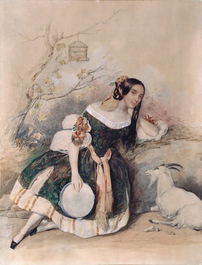 Esmeralda. (Bailarina para el ballet de Marius Petipa (1818-1910) adaptada de ""Notre Dame de Paris"", de Victor Hugo (1802-1885) Obra de Pyotr (Piotr) Fyodorovich Sokolov (Pierre Sokolov) (1791-1848), acuarela, gouache, blanco y oro sobre papel Art r de Pyotr Fyodorovich Sokolov