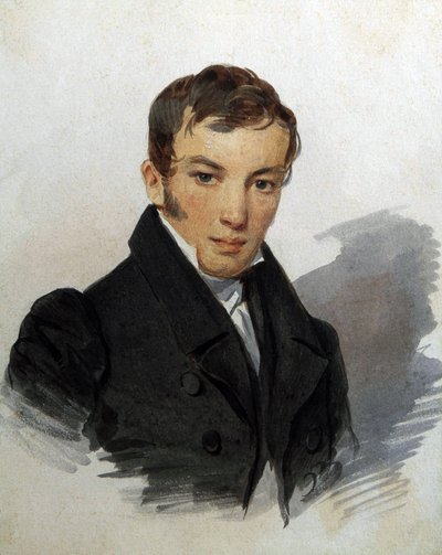 Retrato de Vasily Joukovski (1783-1852), poeta ruso (Retrato del poeta Vasily Zhukovsky). Obra de Piotr (Pyotr) Fiodorovitch Sokolov (Peter Sokolov) (1791-1848), hacia 1820. Acuarela sobre papel. San Petersburgo, Museo A. Museo Memorial Pushkin de Pyotr Fyodorovich Sokolov