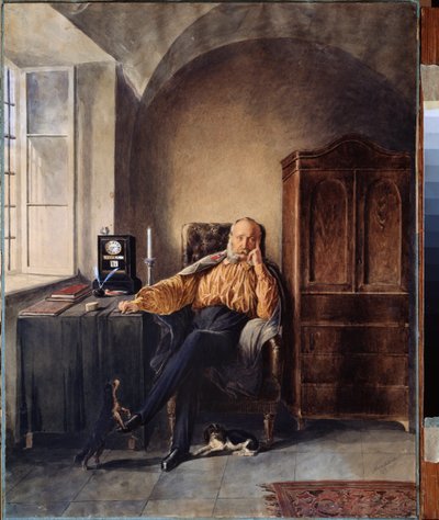 Jubilado. (Un hombre solo, absorto en sus pensamientos en su escritorio). Obra de Pyotr (Piotr) Petrovich Sokolov (1821-1899), acuarela y blanco sobre papel de Pyotr Fyodorovich Sokolov