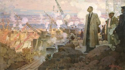 Maxim Gorki (1868-1936) en la construcción de la central hidroeléctrica "DnieproGES de Pyotr Ivanovich Kotov