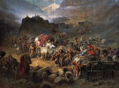 Los montañeses dejan el aul antes de la llegada del ejército ruso, 1872 de Pyotr Nikolayevich Grusinsky