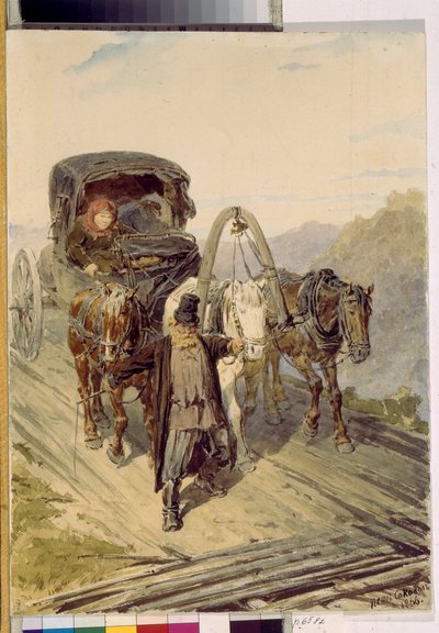 Troika (carruaje ruso tirado por tres caballos). Obra de Pyotr (Piotr) Petrovich Sokolov (1821-1899), acuarela sobre papel de Pyotr Petrovich Sokolov