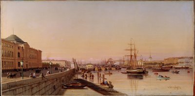 Tarde de verano en el terraplén del Neva, cerca de la Academia de Artes de San Petersburgo. Pintura de Pyotr Petrovich Vereschagin (Vereshchagin, Vereshchagin) (1836-1886), óleo sobre lienzo, alrededor de 1870. Arte ruso de Pjotr ​​​​Petrowitsch Wereschtschagin