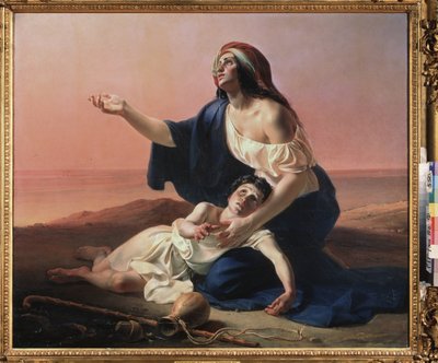 Agar e Ismael en el desierto (la criada egipcia de Abraham, con el hijo ilegítimo del profeta, expulsada al desierto cuando se acaba el agua). Pintura de Pyotr Stepanovich Petrovsky (1814-1842), óleo sobre lienzo de Pyotr Stepanovich Petrovsky