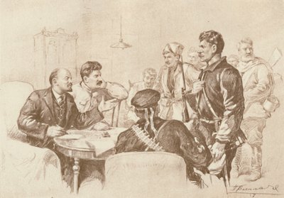 Lenin y Stalin Hablando a los Guardias Rojos en el Smolny de Pyotr Vasilyev