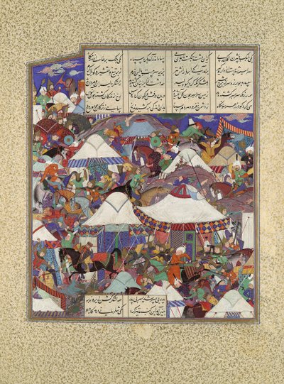 El campamento iraní embriagado atacado de noche, Folio 241r del Shahnama, ca. 1525-30 de Qadimi