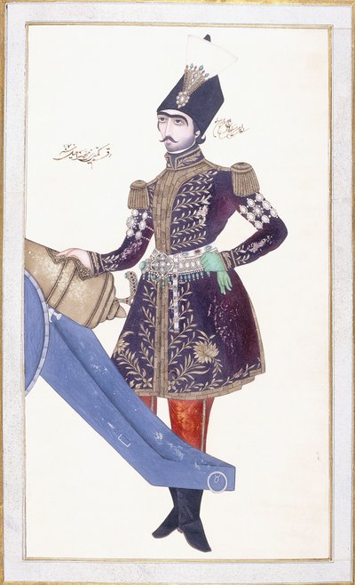 Retrato de Nasir al-Din Shah, mano apoyada en un cañón, c. 1853-4 de Qajar School