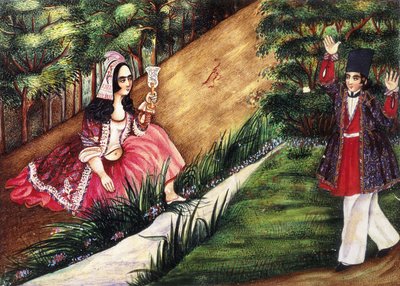 La juventud encuentra a una chica junto a un arroyo, c.1863-4 de Qajar School