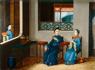 Una pareja tomando el té, c.1800 (óleo sobre lienzo) de Qing Dynasty Chinese School
