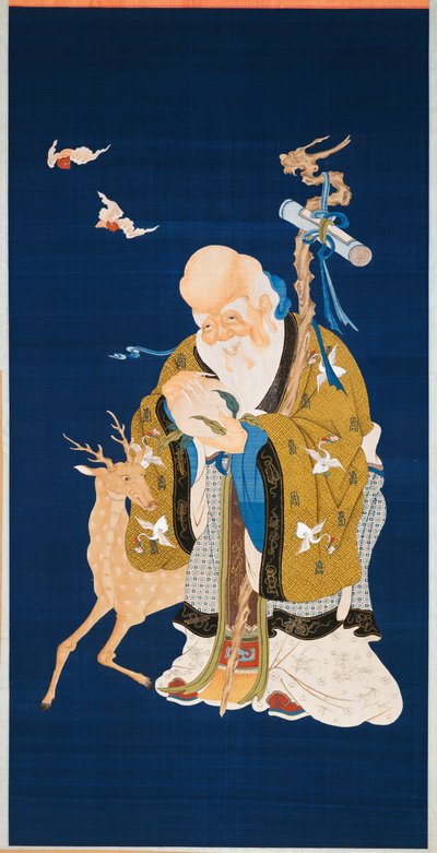 Gran pergamino colgante de kesi que representa a Shoulao sosteniendo un melocotón, abrazando un bastón de raíz con cabeza de dragón junto a un ciervo y dos murciélagos en vuelo, 1796-1820 de Qing Dynasty Chinese School