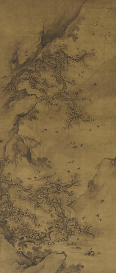 Pájaros posados junto a un acantilado, finales del siglo XVII-XVIII de Qing Dynasty Chinese School