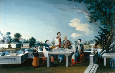 Jugadores de cartas en una terraza, c.1800 (óleo sobre lienzo) de Qing Dynasty Chinese School
