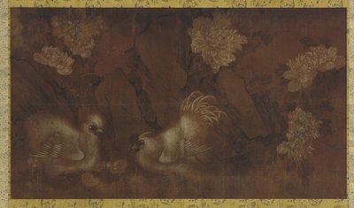Gallo, gallina y pollitos cerca de arbustos de peonías de Qing Dynasty Chinese School