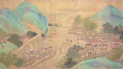 La gira del emperador Kang Shi por Kiang-Han en 1699, después de Chaio Ping Chen (1661-1722) (tinta y color sobre papel con respaldo de seda) de Qing Dynasty Chinese School