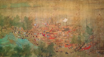 La gira del emperador Kang Shi por Kiang-Han en 1699, después de Chaio Ping Chen (1661-1722) (tinta y color sobre papel con respaldo de seda) de Qing Dynasty Chinese School