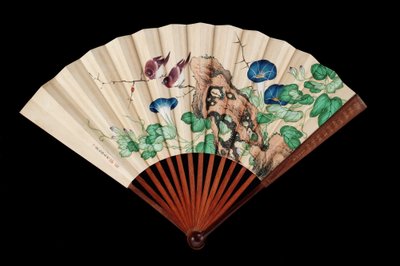 Abanico decorado con pequeños pájaros y glorias de la mañana de Qing Dynasty Chinese School