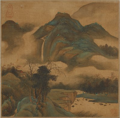Contemplando una cascada desde una cabaña en la montaña de Qing Dynasty Chinese School