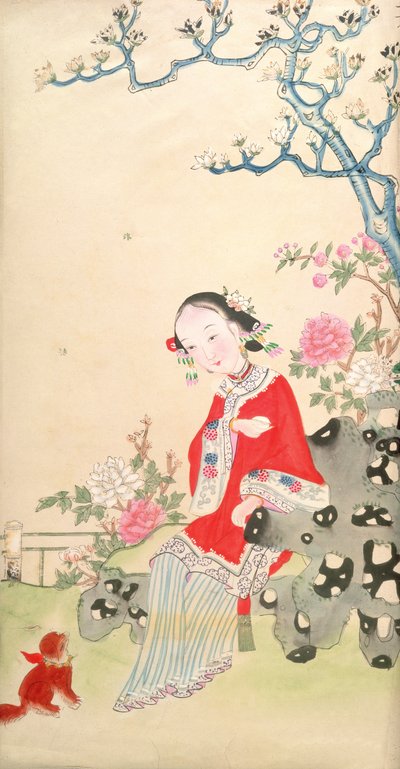 Chica sentada en una silla de roca rústica de Qing Dynasty Chinese School