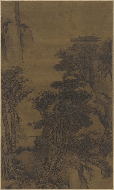 Paisaje con templo y viajeros de Qing Dynasty Chinese School