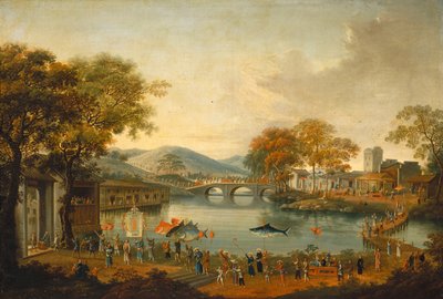 Procesión junto a un lago de Qing Dynasty Chinese School