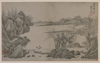 Paisaje fluvial y recolectores de leña de Qing Dynasty Chinese School