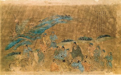 El filósofo chino Confucio (Kong Fu Zi) rodeado de sus discípulos de Qing Dynasty Chinese School