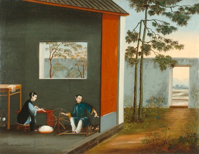 Dos mujeres hilando, c.1800 (óleo sobre lienzo) de Qing Dynasty Chinese School