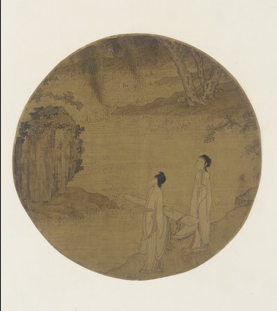 Dos mujeres con un qin (cítara) de Qing Dynasty Chinese School
