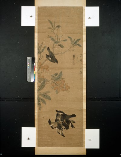 pájaros y rama de Qing Dynasty Chinese School