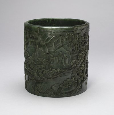 Pote de pinceles con eruditos y asistentes en un paisaje montañoso de Qing Dynasty Chinese School