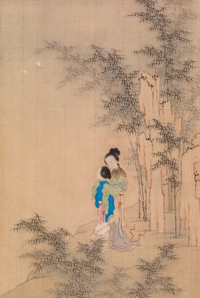 dos figuras abrazándose en paisaje de Qiu Ying