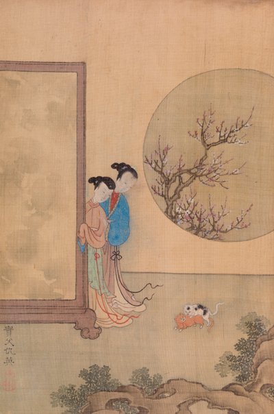 Dos chicas detrás de la pantalla y dos gatos de Qiu Ying