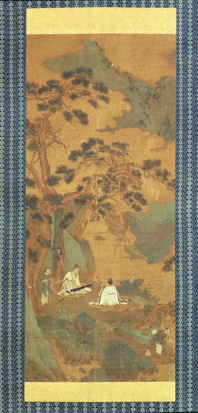 Dos eruditos tocando el Qin y el Erhu bajo un pino de Qiu Ying