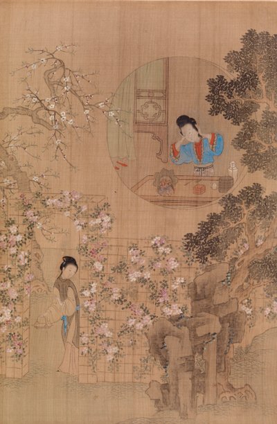 Mujer en jardín - Mujer en ventana circular de Qiu Ying