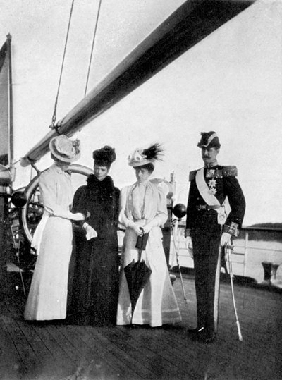 Emperatriz María Feodorovna, Princesa Victoria, Reina Maud y Rey Haakon VII de Noruega, 1908 de Queen Alexandra