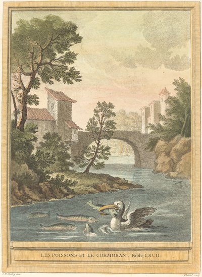 Los peces y el cormorán de Quentin Pierre Chedel after Jean Baptiste Oudry