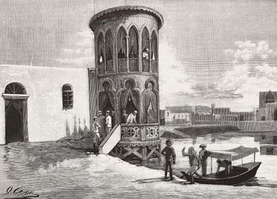 Una pequeña torre morisca que alberga el club de los oficiales italianos, Massawa, Eritrea, grabado de un dibujo de Quinto Cenni y un boceto de Pieragostini, de L