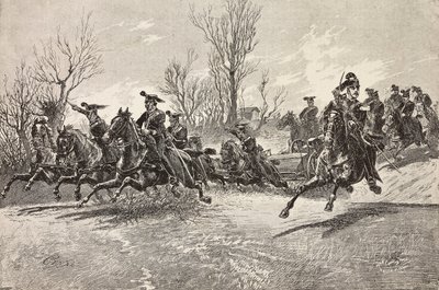 Artillería a caballo, ejército italiano, grabado de un dibujo de Quinto Cenni, de L