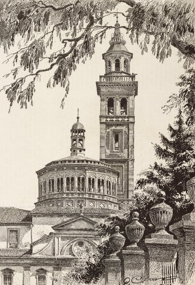 Santuario de la Beata Virgen de los Milagros, Saronno, Italia, grabado de un dibujo de Quinto Cenni, de L