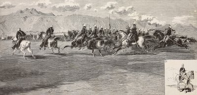 Ejercicios de caballería el 17 de septiembre, con lancero a la derecha, Pordenone, Italia, grabado de Cantagalli de un dibujo de Quinto Cenni, de L